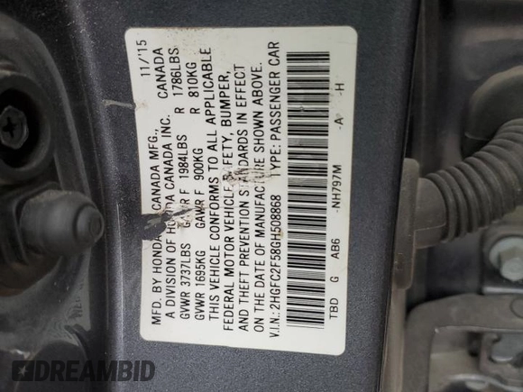 2016 Honda Civic LX with VIN 2HGFC2F58GH508868, listed as a Copart auction lot 49806585 with 77,332 mi miles and Salvage Title. Bid and sale history available at carsss.com. Image 14.