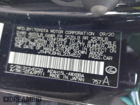 2020 Lexus UX 250h z VIN JTHP9JBH6L2034822, wystawiony jako IAAI lot #41512779 z przebiegiem 35 762 mil mil oraz . Historia ofert i sprzedaży dostępna na DreamBid. Obrazek 9.