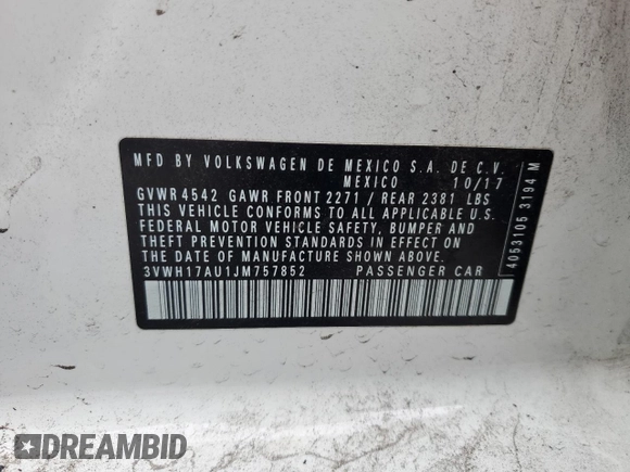 2018 Volkswagen Golf S z VIN 3VWH17AU1JM757852, wystawiony jako Copart lot #84417814 z przebiegiem Nie podano mil oraz Szkoda całkowita • Salvage title. Historia ofert i sprzedaży dostępna na DreamBid. Obrazek 13.