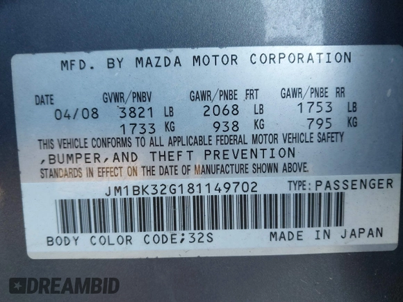 2008 Mazda 3 i Touring Value with VIN JM1BK32G181149702, listed as a IAAI auction lot 41800136 with 205,677 mi miles. Bid and sale history available at carsss.com. Image 9.
