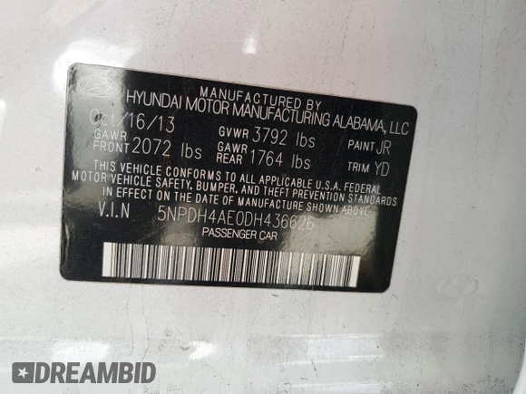 2013 Hyundai Elantra GLS z VIN 5NPDH4AE0DH436626, wystawiony jako Copart lot #55504255 z przebiegiem 184 211 mil mil oraz Czysty tytuł • Clean title. Historia ofert i sprzedaży dostępna na DreamBid. Obrazek 12.