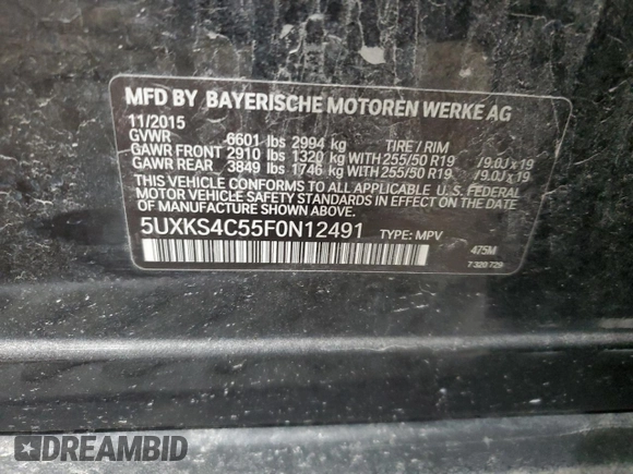 2015 BMW X5 xDrive35d with VIN 5UXKS4C55F0N12491, listed as a Copart auction lot 45736925 with 114,572 mi miles and Salvage Title. Bid and sale history available at carsss.com. Image 13.
