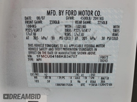 2008 Ford Escape Limited with VIN 1FMCU04188KB34707, listed as a Copart auction lot 62664405 with 204,695 mi miles and Salvage title. Bid and sale history available at DreamBid. Image 14.
