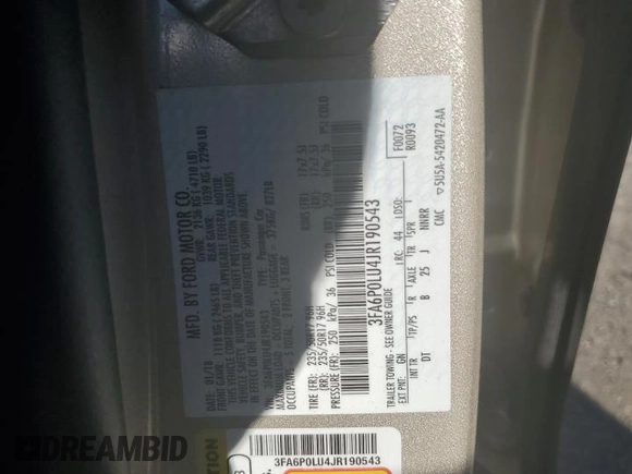 2018 Ford Fusion SE с VIN 3FA6P0LU4JR190543, выставлен на аукционе Copart как лот 56730095 с пробегом 15 166 миль миль и Списание • Salvage title. История ставок и продаж доступна на DreamBid. Изображение 13.