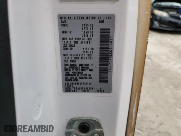 2019 Nissan NV200 Compact Cargo S with VIN 3N6CM0KN6KK704819, listed as a Copart auction lot 38138994 with 127,334 mi miles. Bid and sale history available at carsss.com. Image 13.