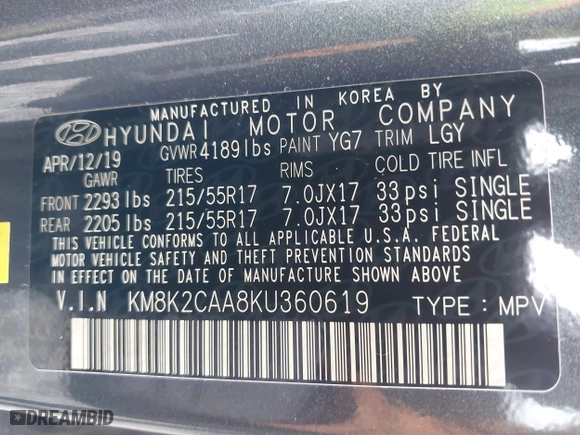 2019 Hyundai Kona SEL with VIN KM8K2CAA8KU360619, listed as a IAAI auction lot 41692944 with 27,515 mi miles. Bid and sale history available at carsss.com. Image 9.