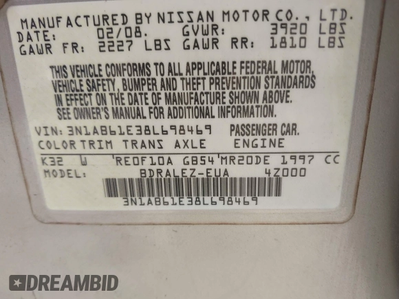 2008 Nissan Sentra S with VIN 3N1AB61E38L698469, listed as a IAAI auction lot 41891248 with 197,343 mi miles and . Bid and sale history available at DreamBid. Image 9.