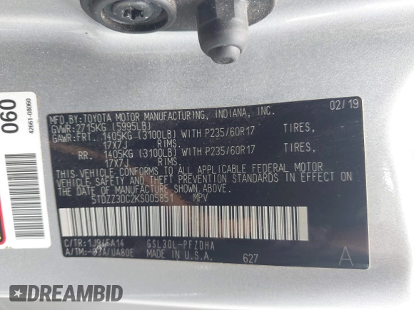 2019 Toyota Sienna L с VIN 5TDZZ3DC2KS005851, выставлен на аукционе IAAI как лот 41992778 с пробегом 99 580 миль миль и . История ставок и продаж доступна на DreamBid. Изображение 9.