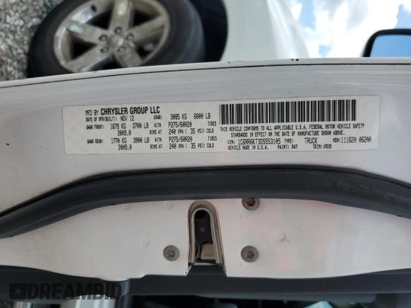 2013 Ram 1500 Express с VIN 1C6RR6KT3DS553105, выставлен на аукционе Copart как лот 61230405 с пробегом 247 582 миль миль и Списание • Salvage title. История ставок и продаж доступна на DreamBid. Изображение 12.