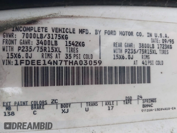 1996 Ford Econoline Cargo with VIN 1FDEE14N7THA03059, listed as a IAAI auction lot 41217045 with 139,435 mi miles and . Bid and sale history available at DreamBid. Image 9.