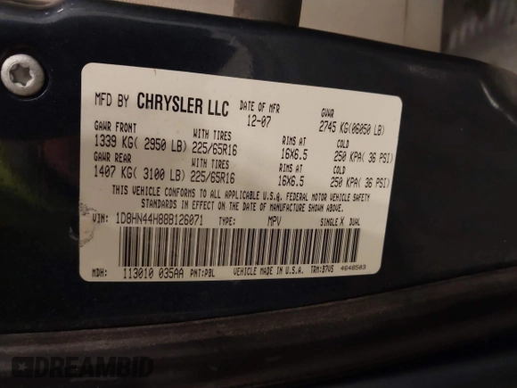 2008 Dodge Grand Caravan SE z VIN 1D8HN44H88B126071, wystawiony jako IAAI lot #41537148 z przebiegiem 231 840 mil mil oraz . Historia ofert i sprzedaży dostępna na DreamBid. Obrazek 9.