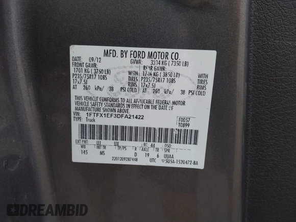 2013 Ford F-150 XL with VIN 1FTFX1EF3DFA21422, listed as a IAAI auction lot 42577828 with 185,203 mi miles and . Bid and sale history available at DreamBid. Image 9.