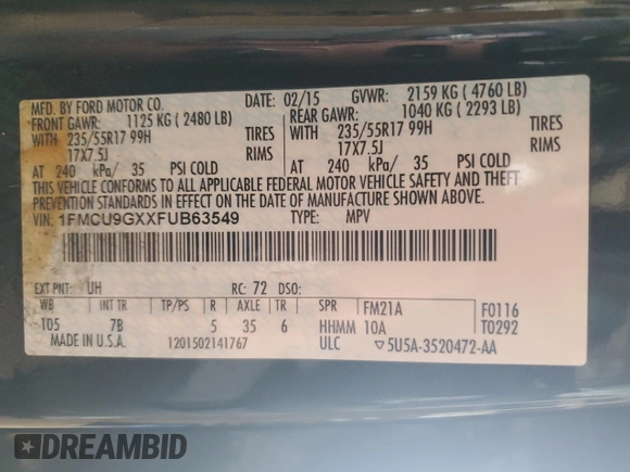 2015 Ford Escape SE with VIN 1FMCU9GXXFUB63549, listed as a Copart auction lot 48187765 with 40,554 mi miles and Salvage Title. Bid and sale history available at DreamBid. Image 14.