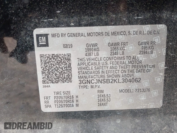 2019 Chevrolet Trax LS with VIN 3GNCJNSB2KL304062, listed as a IAAI auction lot 41782450 with 1 mi miles. Bid and sale history available at carsss.com. Image 9.