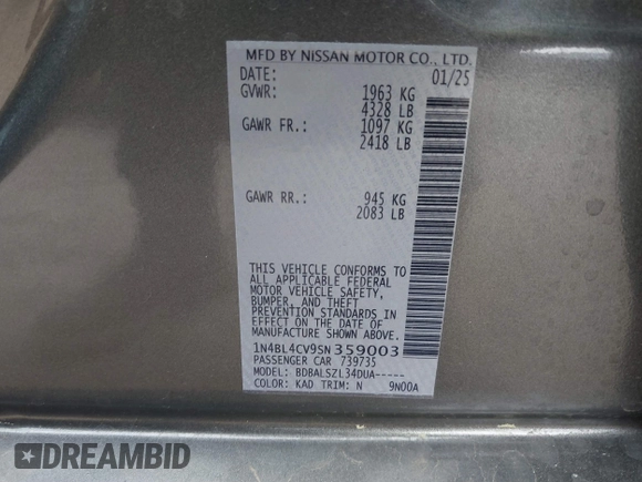 2025 Nissan Altima SR with VIN 1N4BL4CV9SN359003, listed as a IAAI auction lot 41881142 with 3,204 mi miles and . Bid and sale history available at DreamBid. Image 9.