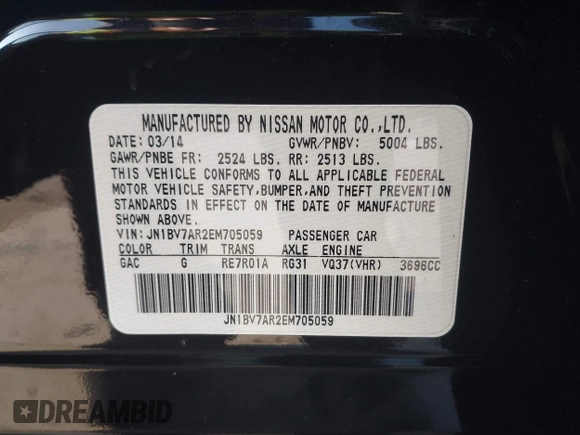 2014 Infiniti Q50 Sport with VIN JN1BV7AR2EM705059, listed as a IAAI auction lot 42019066 with 61,012 mi miles and . Bid and sale history available at carsss.com. Image 9.