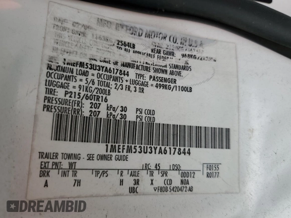 2000 Mercury Sable with VIN 1MEFM53U3YA617844, listed as a Copart auction lot 86656124 with 160,318 mi miles and Salvage title. Bid and sale history available at DreamBid. Image 12.