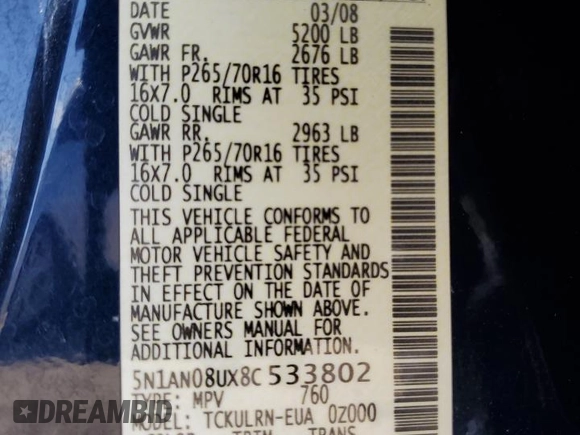 2008 Nissan Xterra S with VIN 5N1AN08UX8C533802, listed as a Copart auction lot 49927905 with 166,089 mi miles and Salvage Title. Bid and sale history available at DreamBid. Image 13.