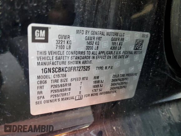 2015 Chevrolet Tahoe LT with VIN 1GNSCBKC0FR727525, listed as a Copart auction lot 53171665 with 114,689 mi miles and Salvage title. Bid and sale history available at DreamBid. Image 13.