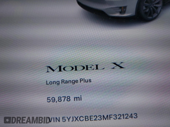 2021 Tesla Model X Long Range Plus with VIN 5YJXCBE23MF321243, listed as a IAAI auction lot 42100580 with 59,878 mi miles and . Bid and sale history available at carsss.com. Image 15.