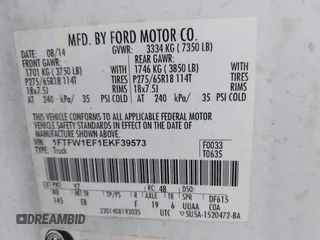 2014 Ford F-150 XL z VIN 1FTFW1EF1EKF39573, wystawiony jako IAAI lot #40836043 z przebiegiem 277 296 mil mil oraz . Historia ofert i sprzedaży dostępna na DreamBid. Obrazek 9.