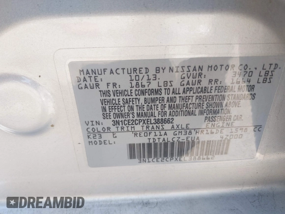 2014 Nissan Note SV with VIN 3N1CE2CPXEL388662, listed as a IAAI auction lot 42581458 with 87,455 mi miles and . Bid and sale history available at DreamBid. Image 9.