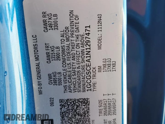 2022 Chevrolet Colorado 2WD LT with VIN 1GCGSCEA1N1297471, listed as a Copart auction lot 87853335 with 59,553 mi miles and Salvage title. Bid and sale history available at DreamBid. Image 12.