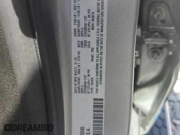 2022 Ram 1500 Laramie with VIN 1C6SRFJT0NN225045, listed as a Copart auction lot 57017515 with 90,828 mi miles and Salvage title. Bid and sale history available at DreamBid. Image 12.