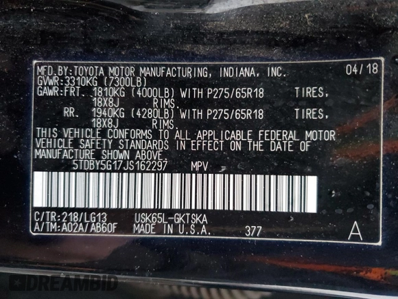 2018 Toyota Sequoia SR5 with VIN 5TDBY5G17JS162297, listed as a Copart auction lot 84745084 with 122,154 mi miles and Salvage Title. Bid and sale history available at carsss.com. Image 13.