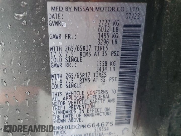 2023 Nissan Frontier SV with VIN 1N6ED1EK2PN664675, listed as a Copart auction lot 60080045 with 42,373 mi miles and Non repairable. Bid and sale history available at DreamBid. Image 12.