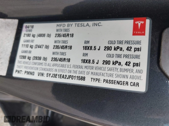 2018 Tesla Model 3 Long Range Battery z VIN 5YJ3E1EA2JF011588, wystawiony jako IAAI lot #42304226 z przebiegiem 56 819 mil mil oraz . Historia ofert i sprzedaży dostępna na DreamBid. Obrazek 9.