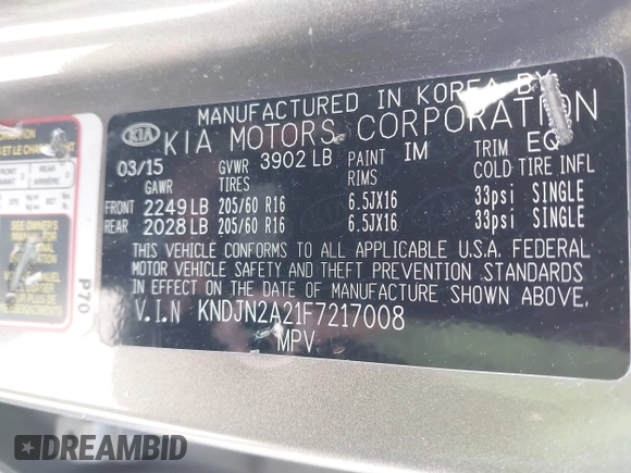 2015 Kia Soul with VIN KNDJN2A21F7217008, listed as a IAAI auction lot 41945889 with 136,656 mi miles and . Bid and sale history available at DreamBid. Image 9.