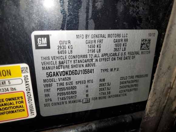 2013 Buick Enclave Premium with VIN 5GAKVDKD6DJ105841, listed as a Copart auction lot 47103255 with 147,658 mi miles and Salvage Title. Bid and sale history available at carsss.com. Image 14.