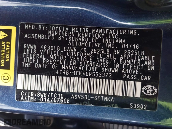 2016 Toyota Camry XLE with VIN 4T4BF1FK4GR553373, listed as a IAAI auction lot 41776384 with 157,690 mi miles. Bid and sale history available at carsss.com. Image 9.