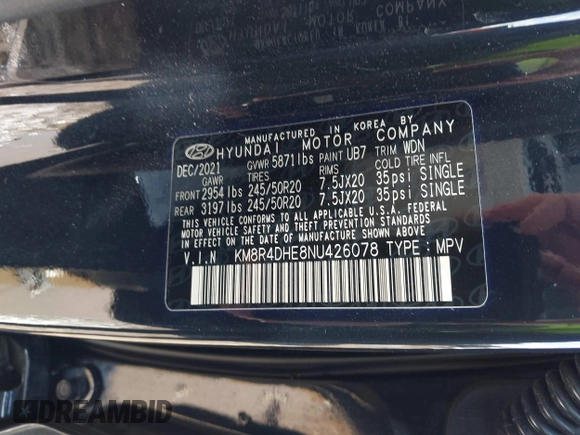 2022 Hyundai Palisade SEL with VIN KM8R4DHE8NU426078, listed as a IAAI auction lot 42017603 with 19,660 mi miles and . Bid and sale history available at DreamBid. Image 9.