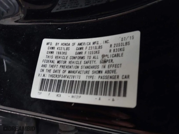 2015 Honda Accord Sedan Sport with VIN 1HGCR2F54FA239170, listed as a IAAI auction lot 41733576 with 111,621 mi miles. Bid and sale history available at carsss.com. Image 9.