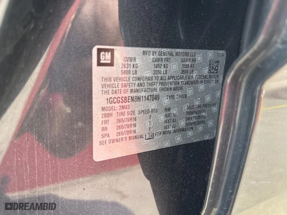 2017 Chevrolet Colorado 2WD WT with VIN 1GCGSBEN8H1147049, listed as a Copart auction lot 49529735 with 116,410 mi miles and Clean Title. Bid and sale history available at carsss.com. Image 10.