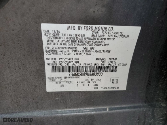 2017 Ford Flex Limited with VIN 2FMGK5D89HBA03930, listed as a Copart auction lot 40490264 with 62,088 mi miles and Salvage Title. Bid and sale history available at carsss.com. Image 13.