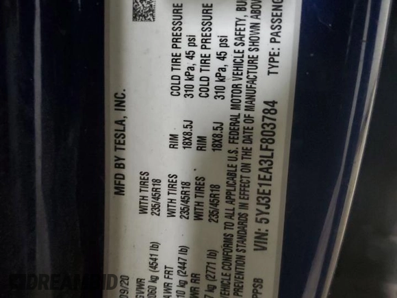 2020 Tesla Model 3 Standard Range Plus with VIN 5YJ3E1EA3LF803784, listed as a Copart auction lot 52881375 with 88,912 mi miles and Salvage Title. Bid and sale history available at DreamBid. Image 15.