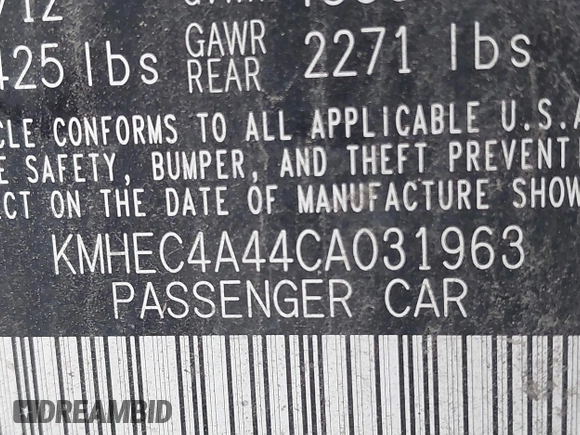 2012 Hyundai Sonata Hybrid with VIN KMHEC4A44CA031963, listed as a IAAI auction lot 41836969 with 251,112 mi miles and . Bid and sale history available at DreamBid. Image 9.
