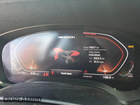 2020 BMW 5 Series M550i xDrive with VIN WBAJS7C03LCD00279, listed as a Copart auction lot 55698035 with 76,057 mi miles and Clean title. Bid and sale history available at DreamBid. Image 9.