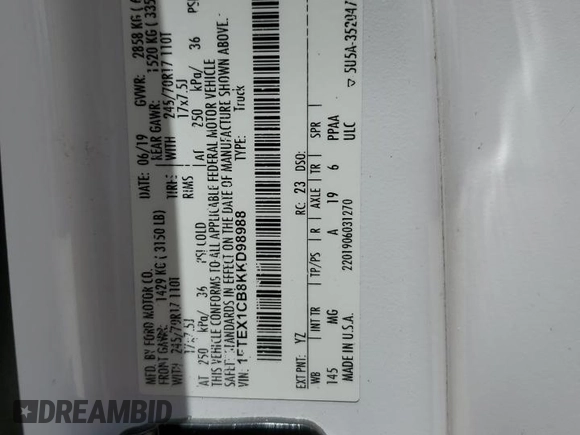 2019 Ford F-150 XL with VIN 1FTEX1CB8KKD98988, listed as a Copart auction lot 59117575 with 75,199 mi miles and Salvage title. Bid and sale history available at DreamBid. Image 12.