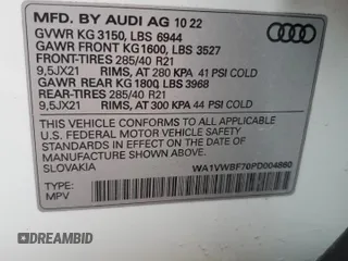 2023 Audi SQ7 Prestige with VIN WA1VWBF70PD004860, listed as a Copart auction lot 52455585 with Not Provided miles and Non Repairable. Bid and sale history available at DreamBid. Image 12.