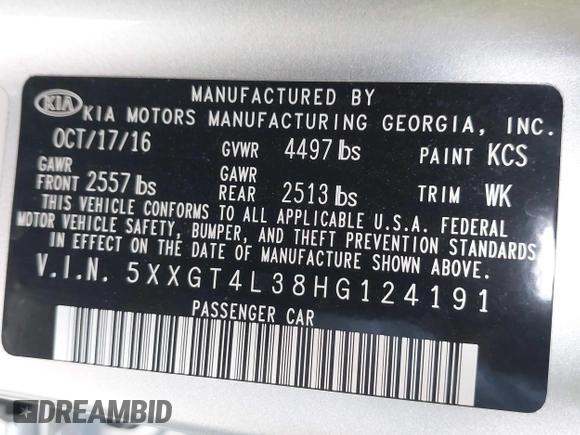 2017 Kia Optima LX with VIN 5XXGT4L38HG124191, listed as a IAAI auction lot 42331525 with 111,116 mi miles and . Bid and sale history available at DreamBid. Image 9.