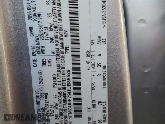 2017 Ford Escape S с VIN 1FMCU0F79HUB86529, выставлен на аукционе Copart как лот 52155845 с пробегом Не указан миль и Списание • Salvage title. История ставок и продаж доступна на DreamBid. Изображение 14.