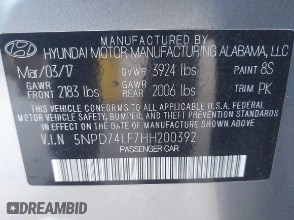 2017 Hyundai Elantra SE with VIN 5NPD74LF7HH200392, listed as a IAAI auction lot 42749982 with 153,061 mi miles and . Bid and sale history available at DreamBid. Image 9.