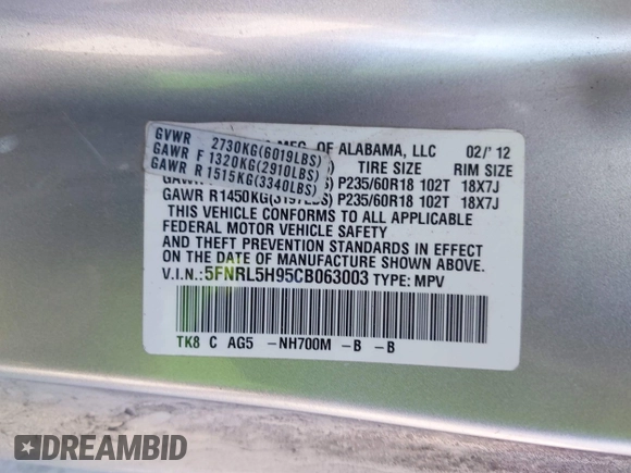 2012 Honda Odyssey Touring with VIN 5FNRL5H95CB063003, listed as a IAAI auction lot 41871975 with 179,332 mi miles and . Bid and sale history available at DreamBid. Image 9.