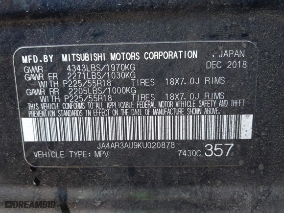 2019 Mitsubishi Outlander Sport ES 2.0 with VIN JA4AR3AU9KU020878, listed as a IAAI auction lot 41289757 with 81,731 mi miles. Bid and sale history available at carsss.com. Image 9.