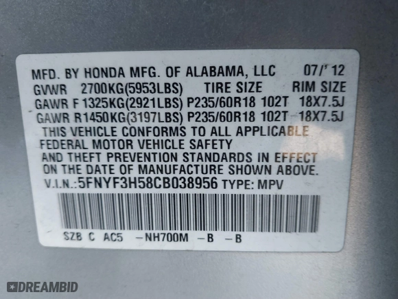 2012 Honda Pilot EX-L with VIN 5FNYF3H58CB038956, listed as a IAAI auction lot 41834286 with 176,093 mi miles. Bid and sale history available at carsss.com. Image 9.