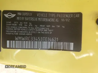2003 MINI Hardtop z VIN WMWRC33453TE14621, wystawiony jako Copart lot #51748165 z przebiegiem 114 327 mil mil oraz Szkoda całkowita • Salvage title. Historia ofert i sprzedaży dostępna na DreamBid. Obrazek 12.